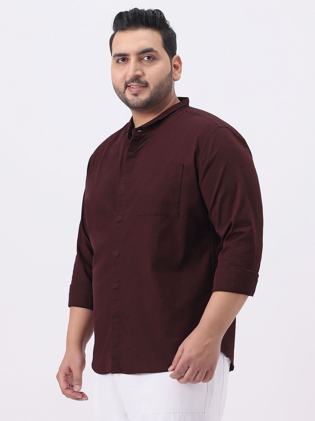 Plus Men's Maroon Cotton Full Sleeve Regular Fit Casual Solid Shirt with Band Collar
