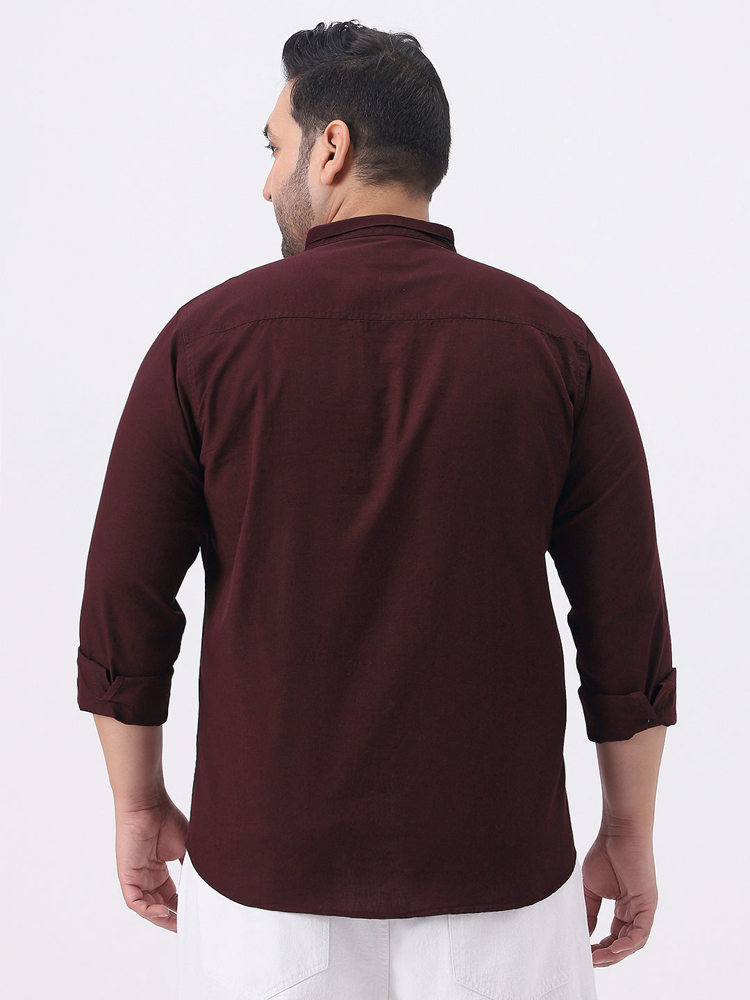 Plus Men's Maroon Cotton Full Sleeve Regular Fit Casual Solid Shirt with Band Collar