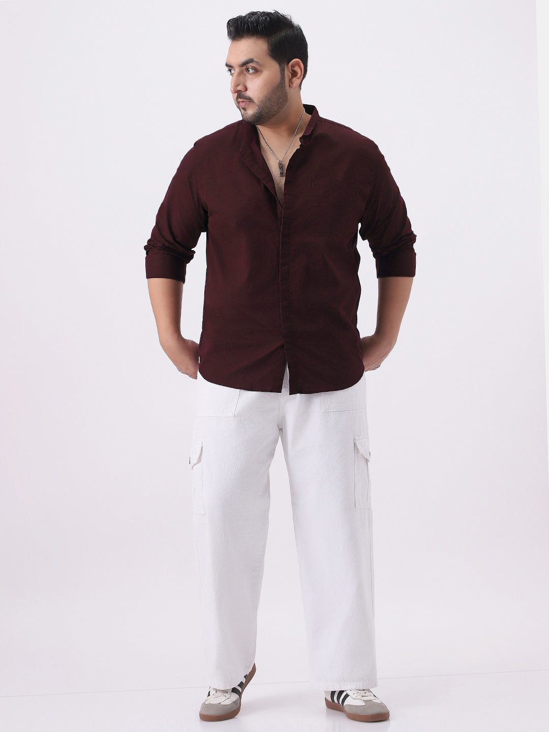 Plus Men's Maroon Cotton Full Sleeve Regular Fit Casual Solid Shirt with Band Collar