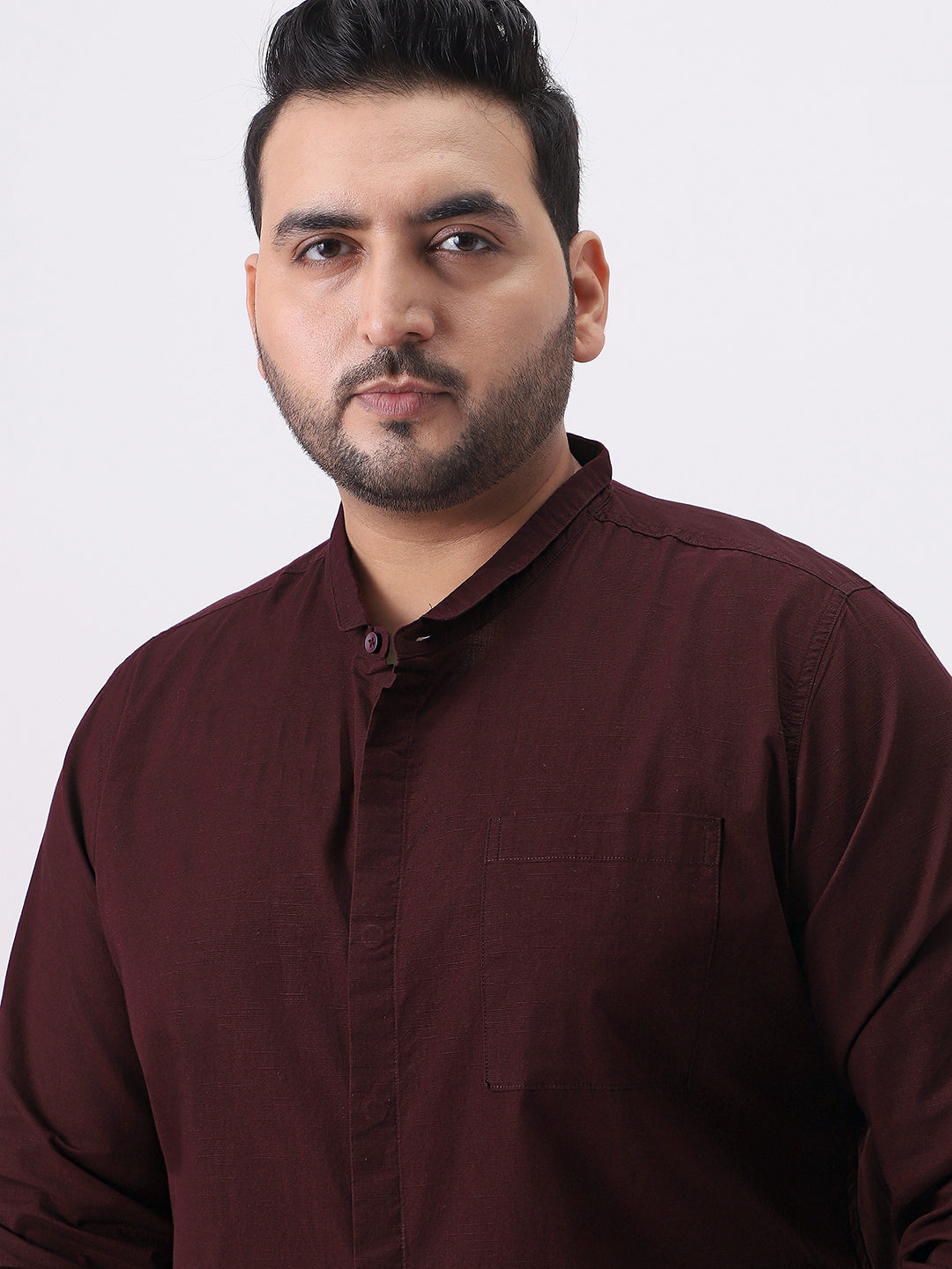 Plus Men's Maroon Cotton Full Sleeve Regular Fit Casual Solid Shirt with Band Collar