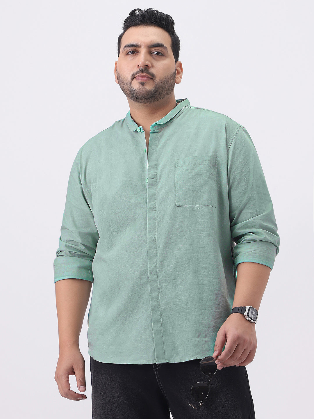 Plus Men's Mint Cotton Full Sleeve Regular Fit Casual Solid Shirt with Band Collar