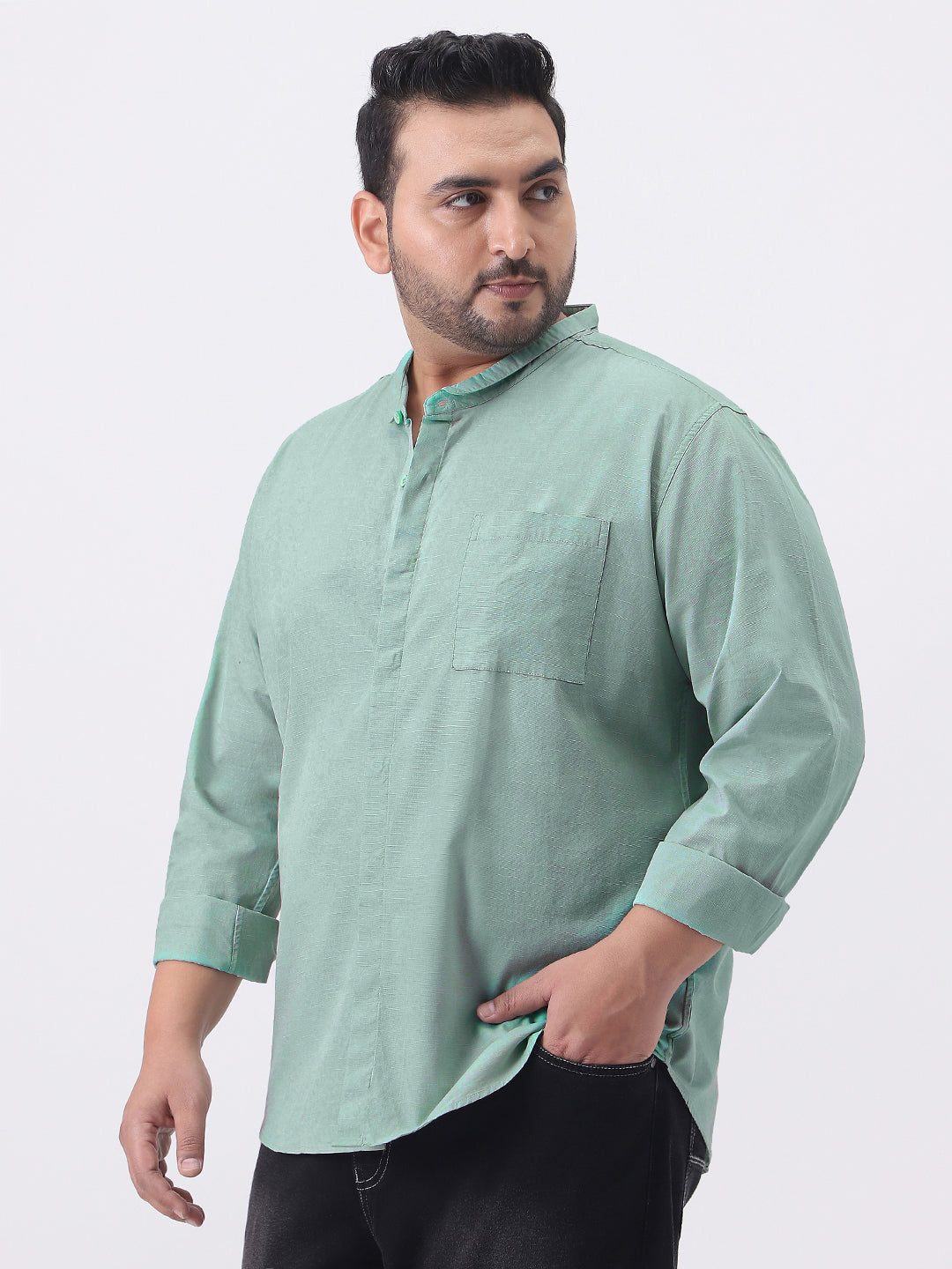 Plus Men's Mint Cotton Full Sleeve Regular Fit Casual Solid Shirt with Band Collar