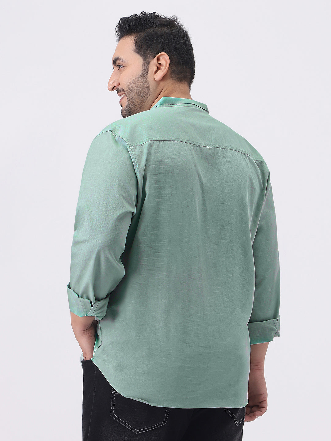 Plus Men's Mint Cotton Full Sleeve Regular Fit Casual Solid Shirt with Band Collar