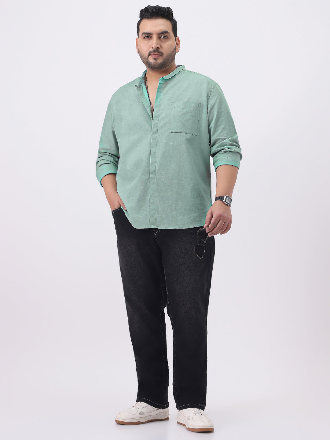Plus Men's Mint Cotton Full Sleeve Regular Fit Casual Solid Shirt with Band Collar