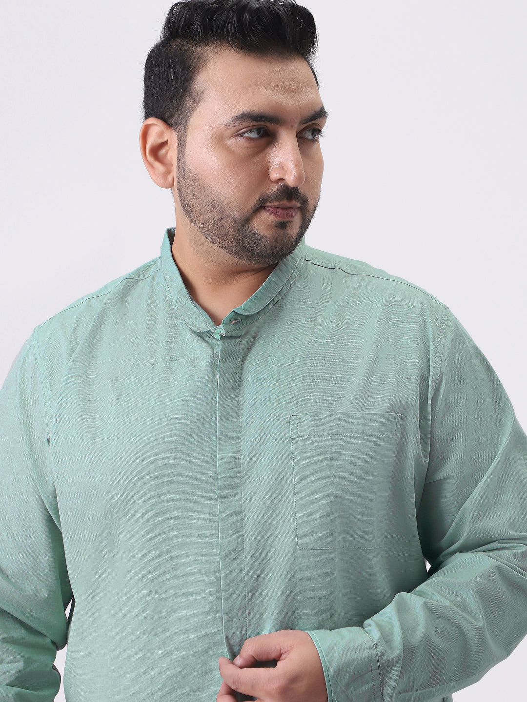 Plus Men's Mint Cotton Full Sleeve Regular Fit Casual Solid Shirt with Band Collar