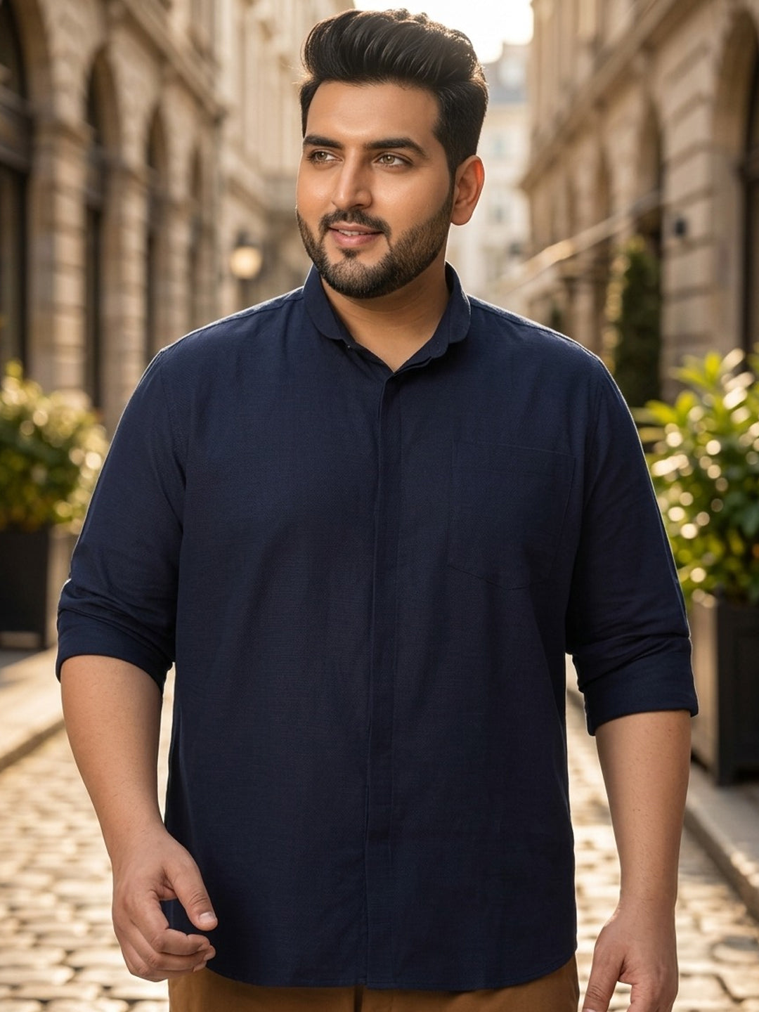 Men's Navy Cotton Full Sleeve Regular Fit Casual Solid Shirt with Band Collar