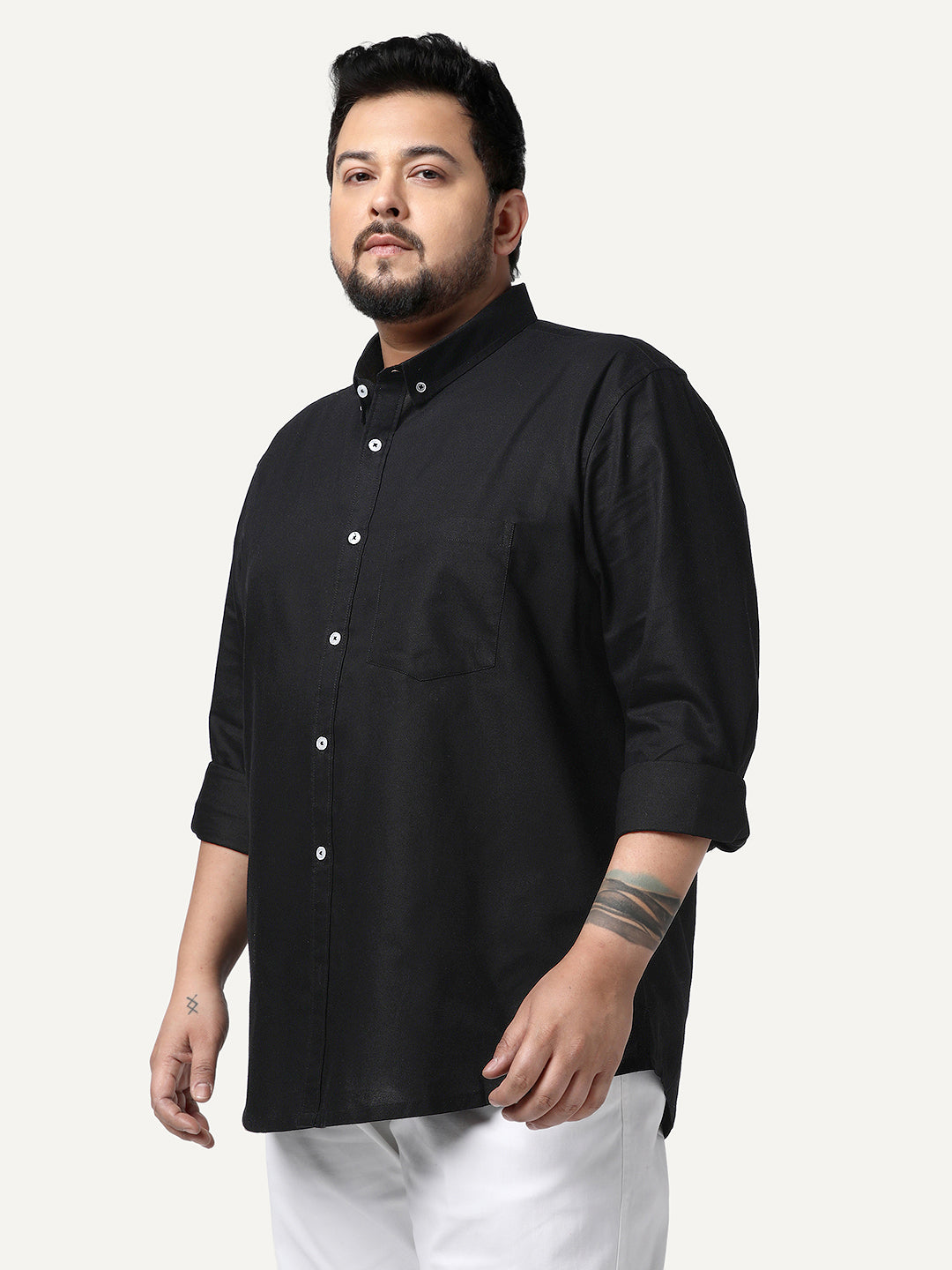 Plus Men's Black Cotton Full Sleeve Regular Fit Solid Oxford Shirt With Button-Down Collar