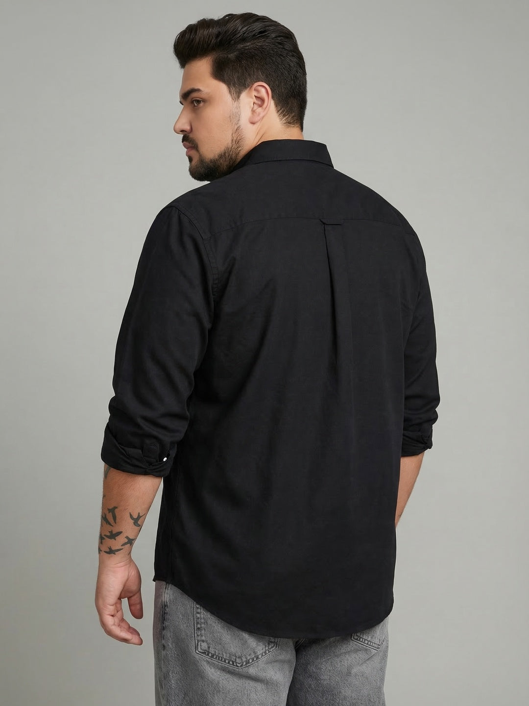 Plus Men's Black Cotton Full Sleeve Regular Fit Solid Oxford Shirt With Button-Down Collar