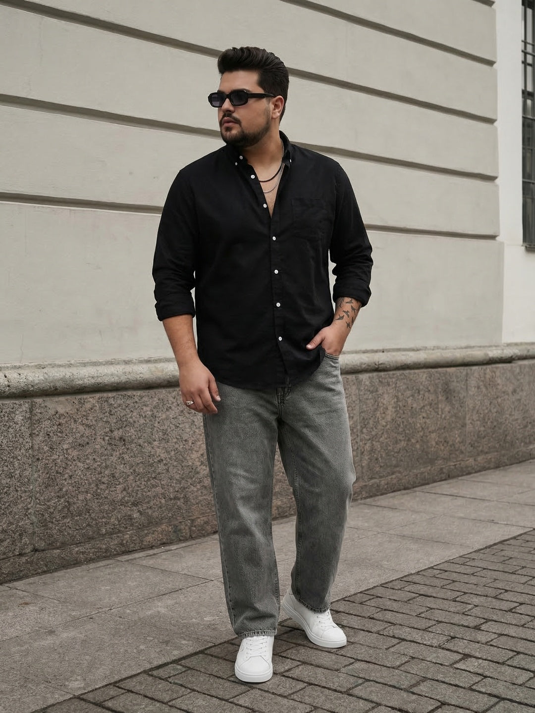 Plus Men's Black Cotton Full Sleeve Regular Fit Solid Oxford Shirt With Button-Down Collar