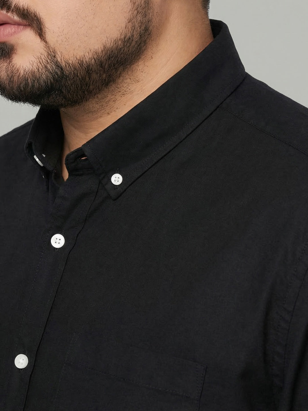Plus Men's Black Cotton Full Sleeve Regular Fit Solid Oxford Shirt With Button-Down Collar