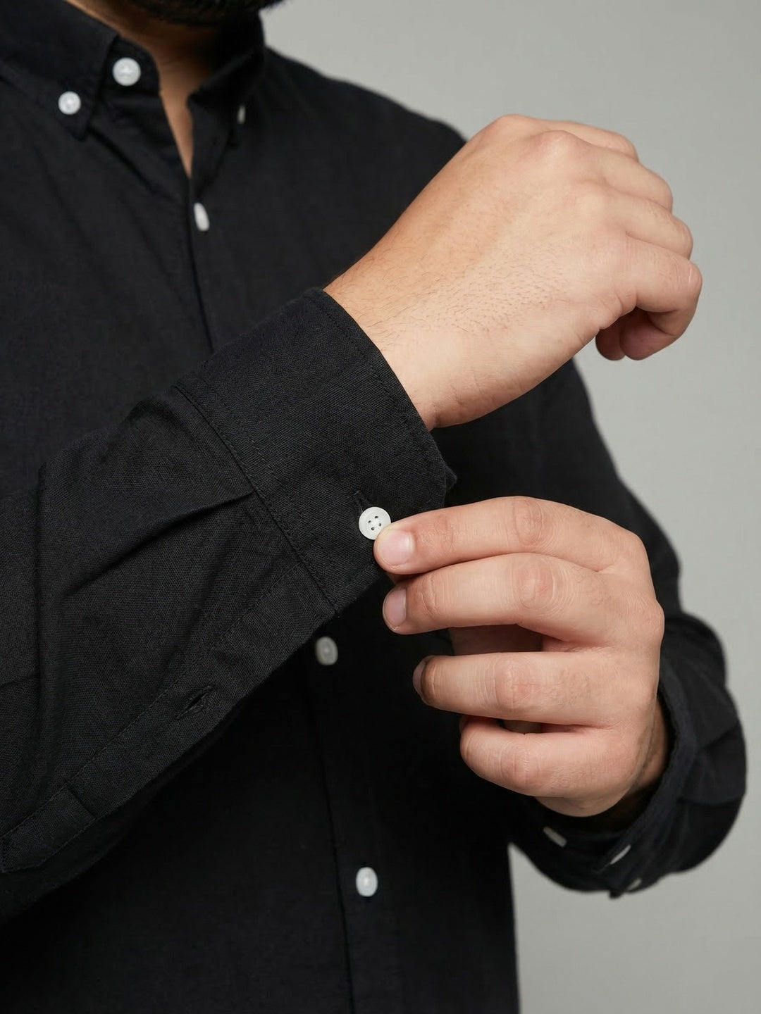 Plus Men's Black Cotton Full Sleeve Regular Fit Solid Oxford Shirt With Button-Down Collar