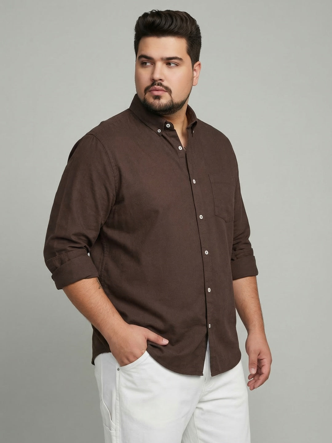 Plus Men's Brown Cotton Full Sleeve Regular Fit Solid Oxford Shirt With Button-Down Collar
