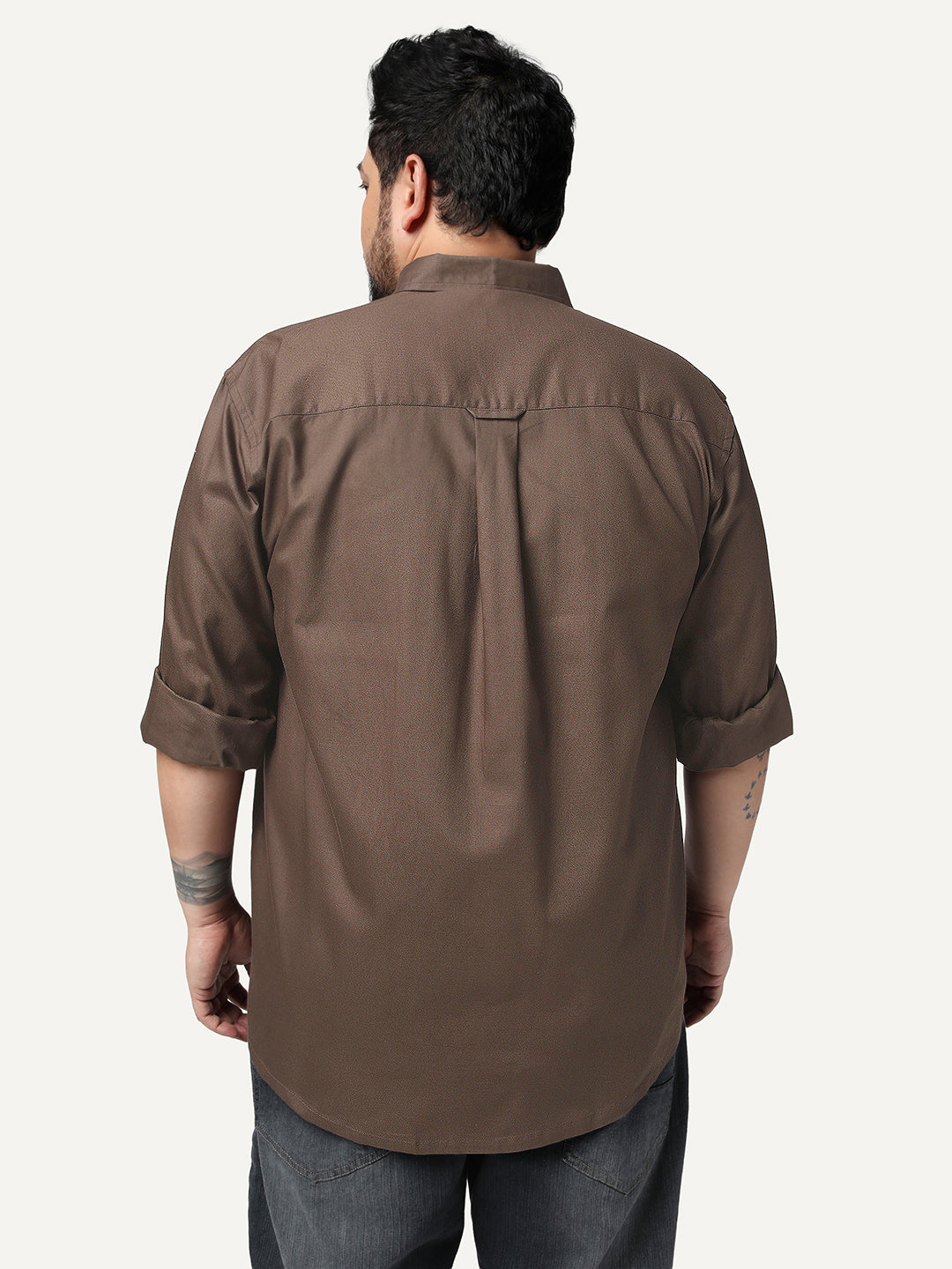 Plus Men's Brown Cotton Full Sleeve Regular Fit Solid Oxford Shirt With Button-Down Collar