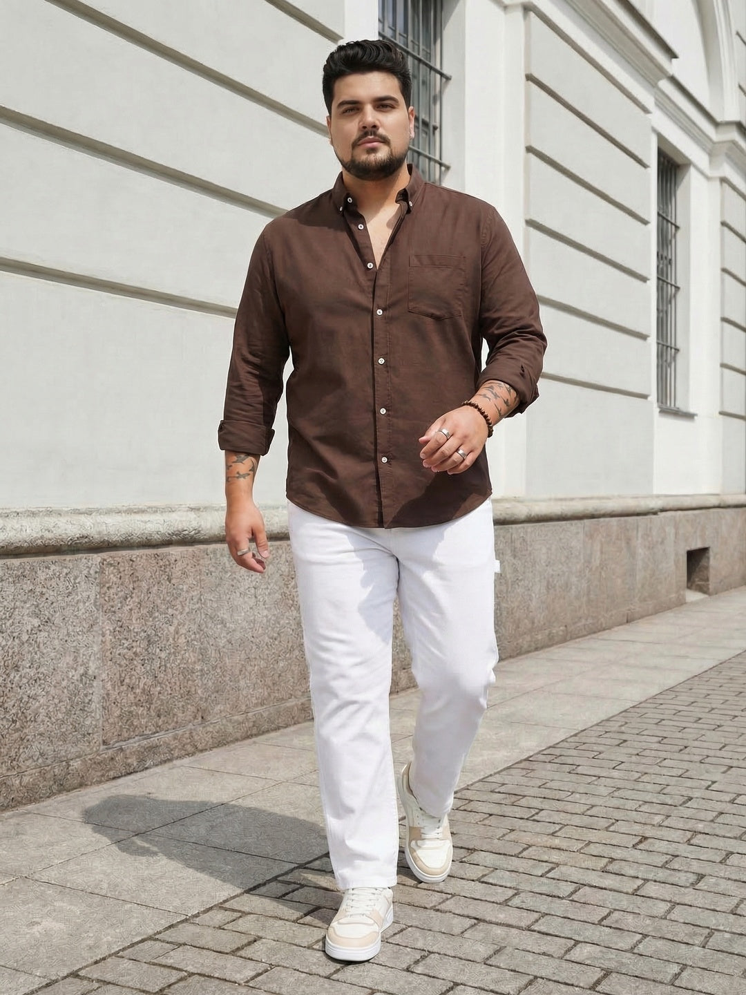 Plus Men's Brown Cotton Full Sleeve Regular Fit Solid Oxford Shirt With Button-Down Collar