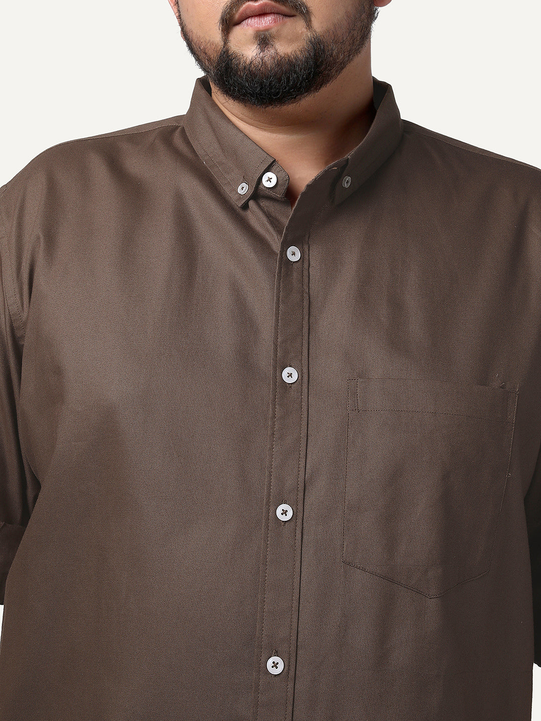 Plus Men's Brown Cotton Full Sleeve Regular Fit Solid Oxford Shirt With Button-Down Collar