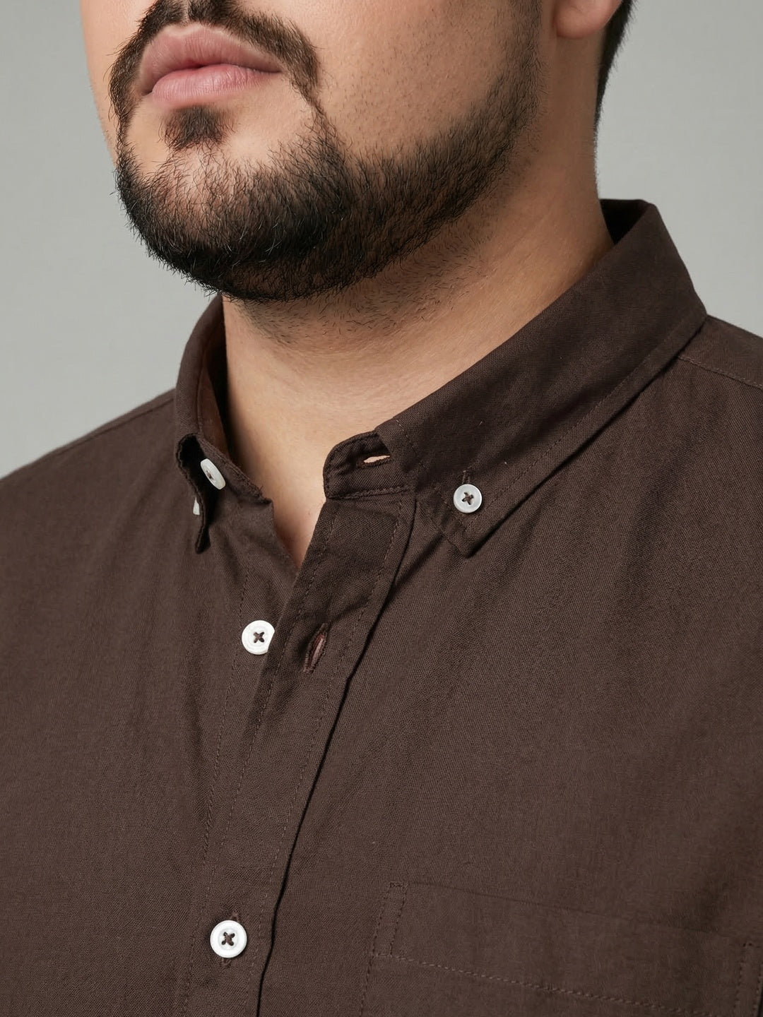 Plus Men's Brown Cotton Full Sleeve Regular Fit Solid Oxford Shirt With Button-Down Collar