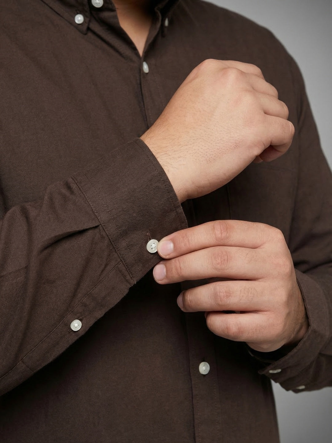 Plus Men's Brown Cotton Full Sleeve Regular Fit Solid Oxford Shirt With Button-Down Collar