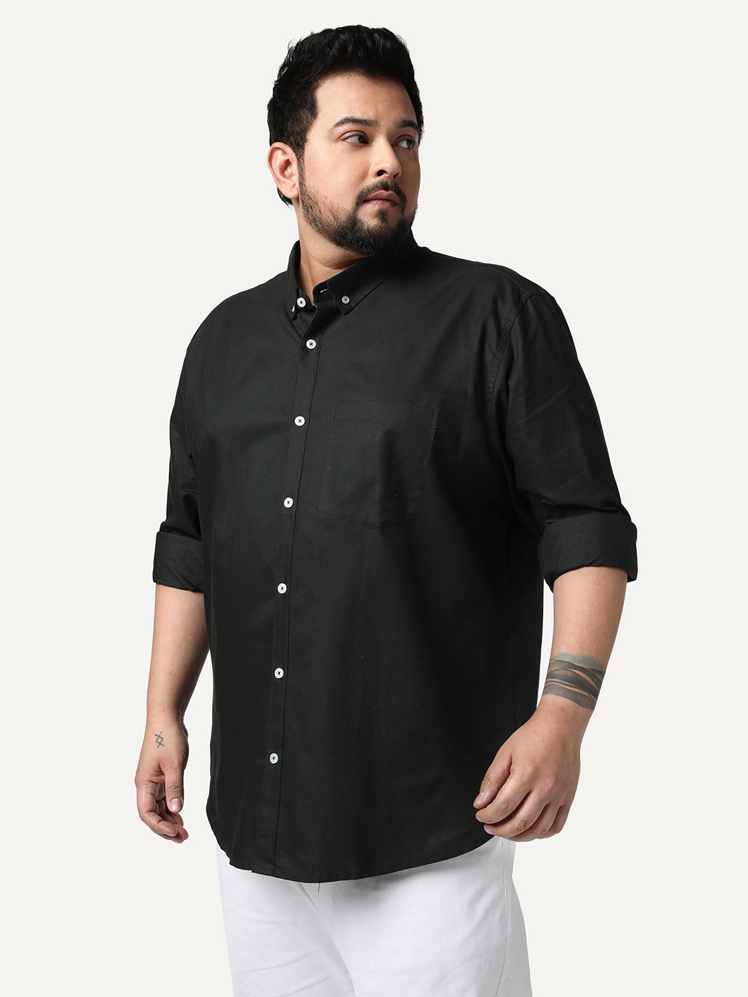 Plus Men's Dark Green Cotton Full Sleeve Regular Fit Solid Oxford Shirt With Button-Down Collar