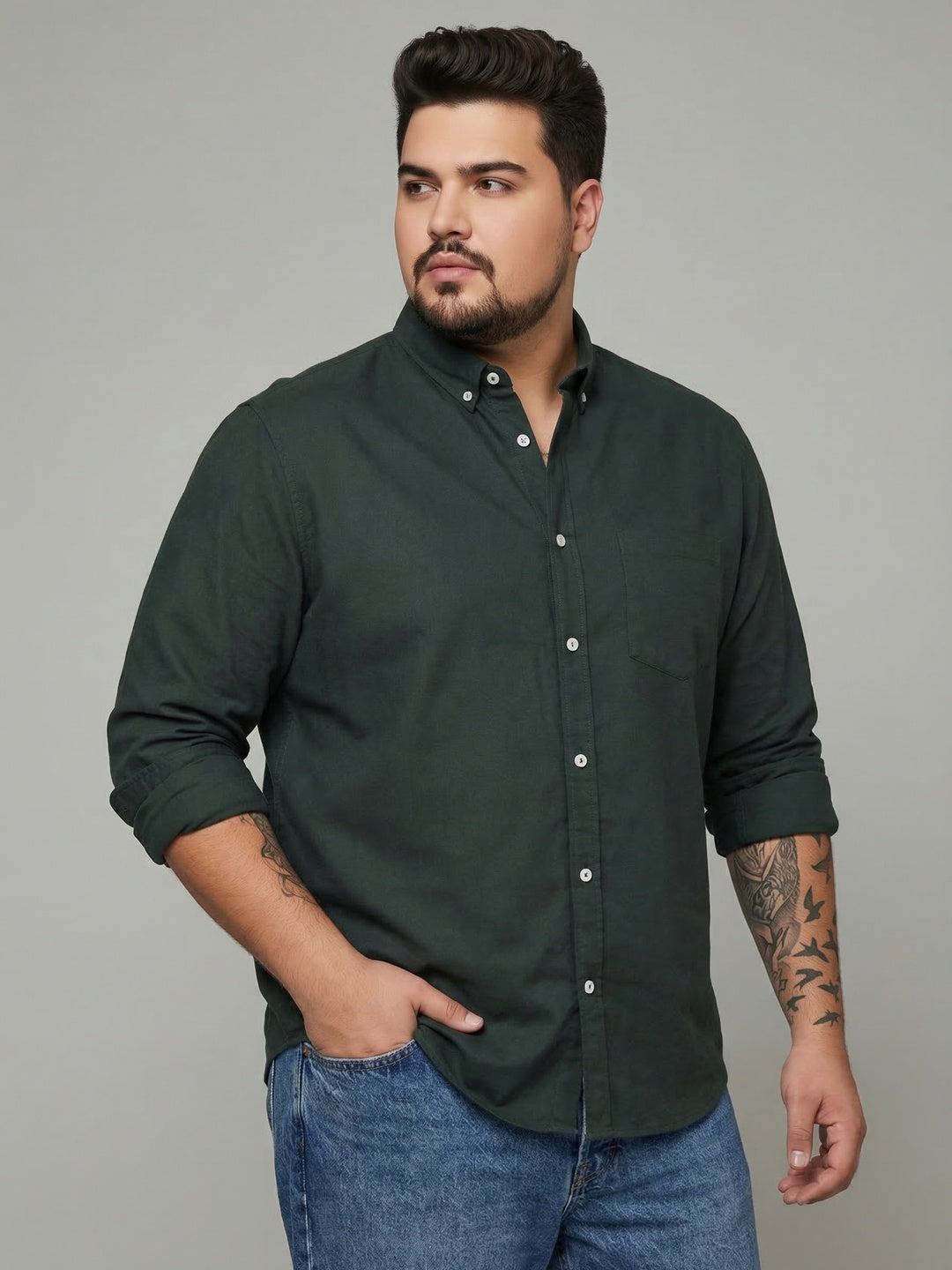 Plus Men's Dark Green Cotton Full Sleeve Regular Fit Solid Oxford Shirt With Button-Down Collar
