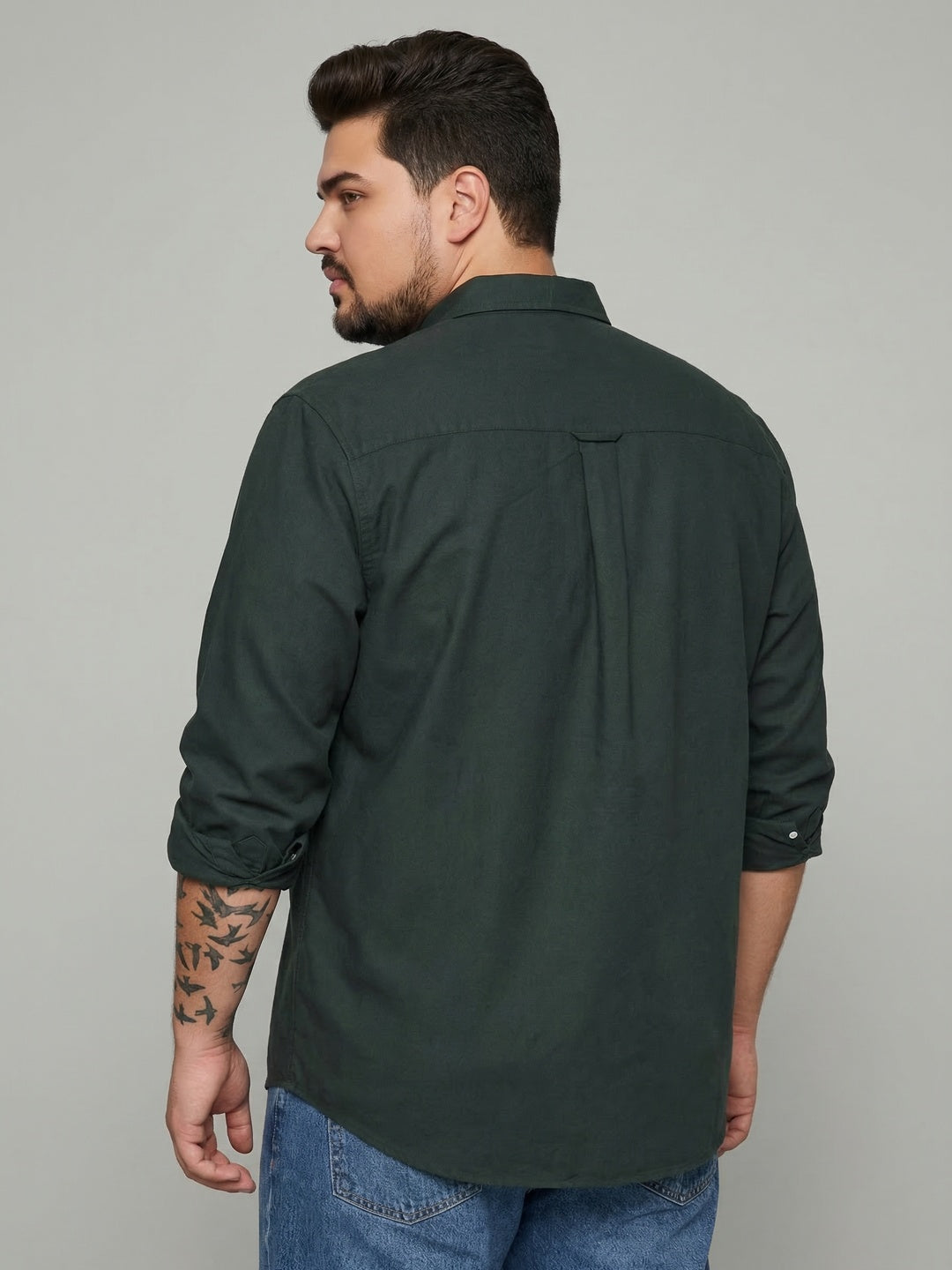 Plus Men's Dark Green Cotton Full Sleeve Regular Fit Solid Oxford Shirt With Button-Down Collar