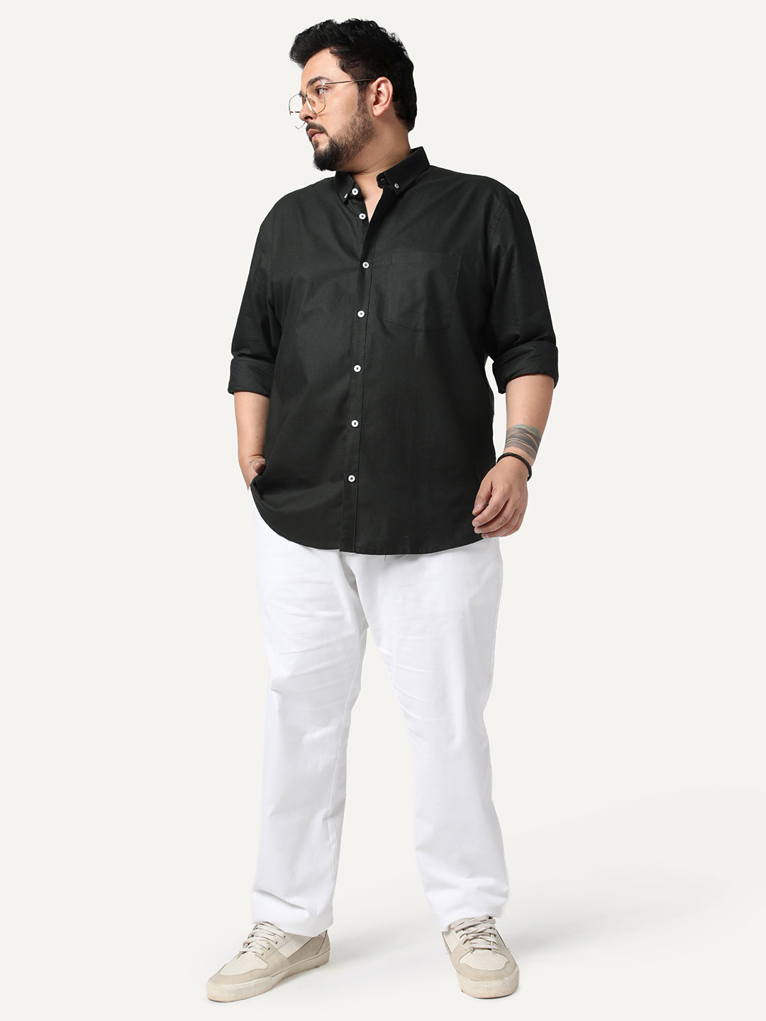 Plus Men's Dark Green Cotton Full Sleeve Regular Fit Solid Oxford Shirt With Button-Down Collar