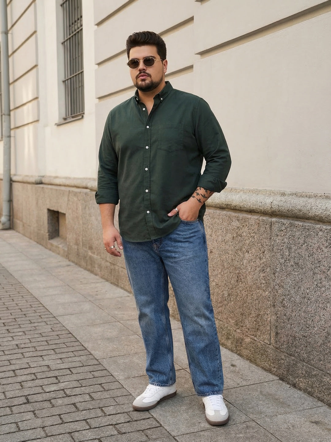 Plus Men's Dark Green Cotton Full Sleeve Regular Fit Solid Oxford Shirt With Button-Down Collar