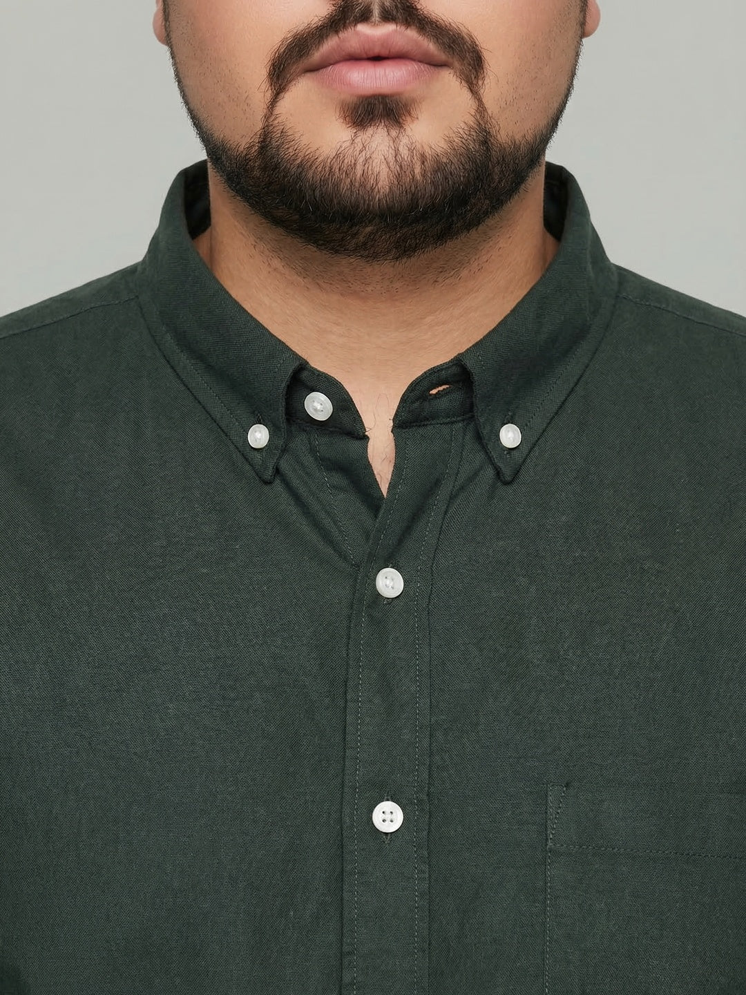 Plus Men's Dark Green Cotton Full Sleeve Regular Fit Solid Oxford Shirt With Button-Down Collar