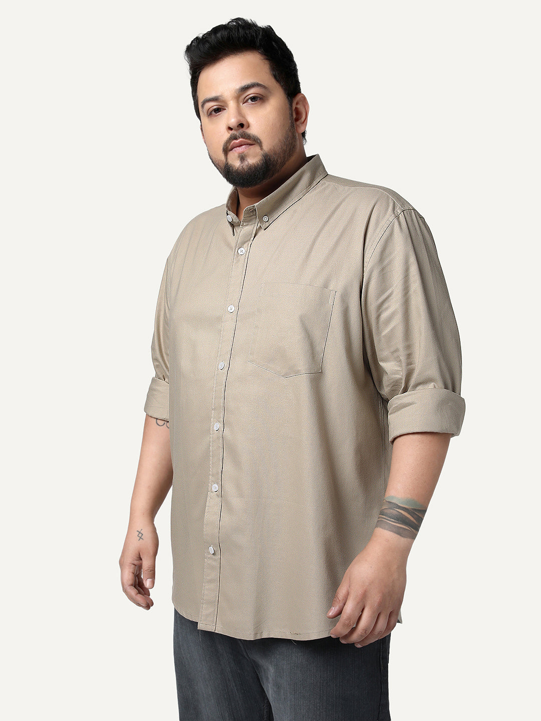 Plus Men's Khaki Cotton Full Sleeve Regular Fit Solid Oxford Shirt With Button-Down Collar