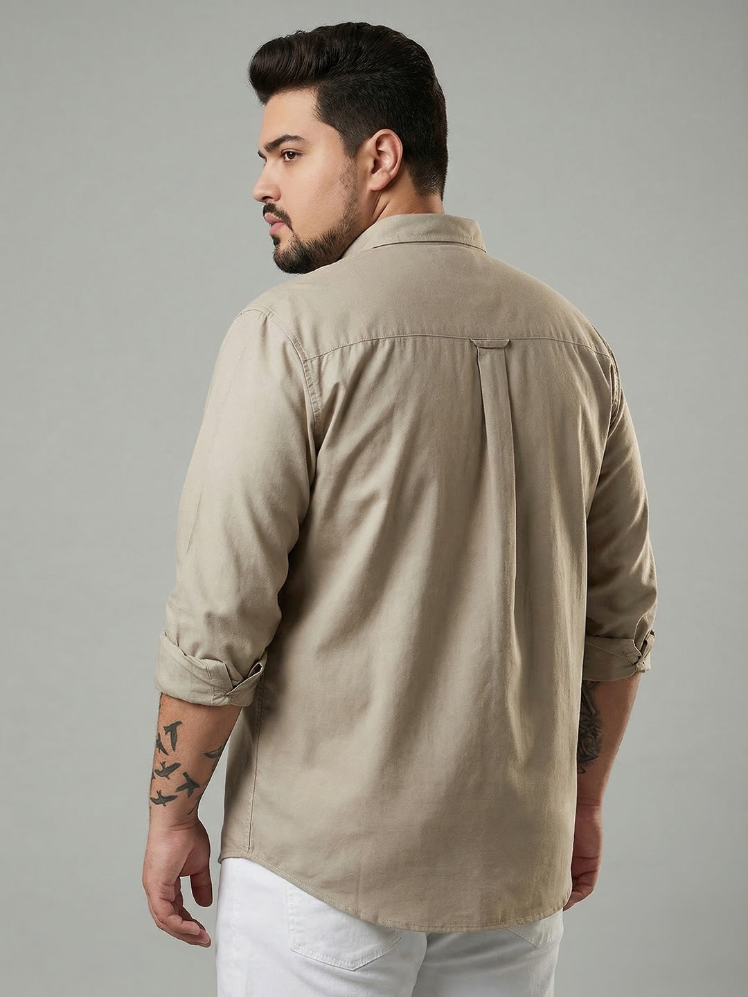 Plus Men's Khaki Cotton Full Sleeve Regular Fit Solid Oxford Shirt With Button-Down Collar