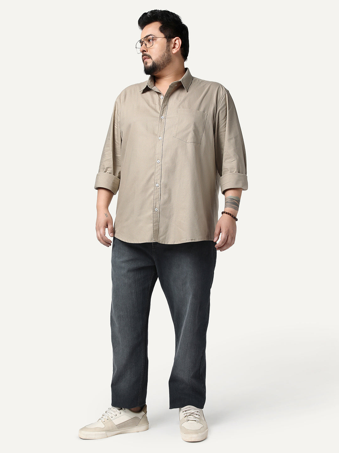 Plus Men's Khaki Cotton Full Sleeve Regular Fit Solid Oxford Shirt With Button-Down Collar