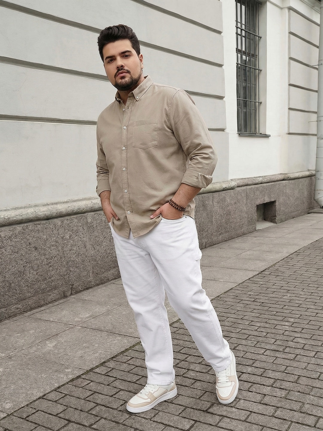 Plus Men's Khaki Cotton Full Sleeve Regular Fit Solid Oxford Shirt With Button-Down Collar