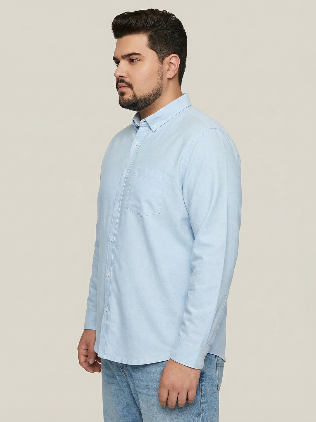 Plus Men's Light Blue Cotton Full Sleeve Regular Fit Solid Oxford Shirt With Button-Down Collar