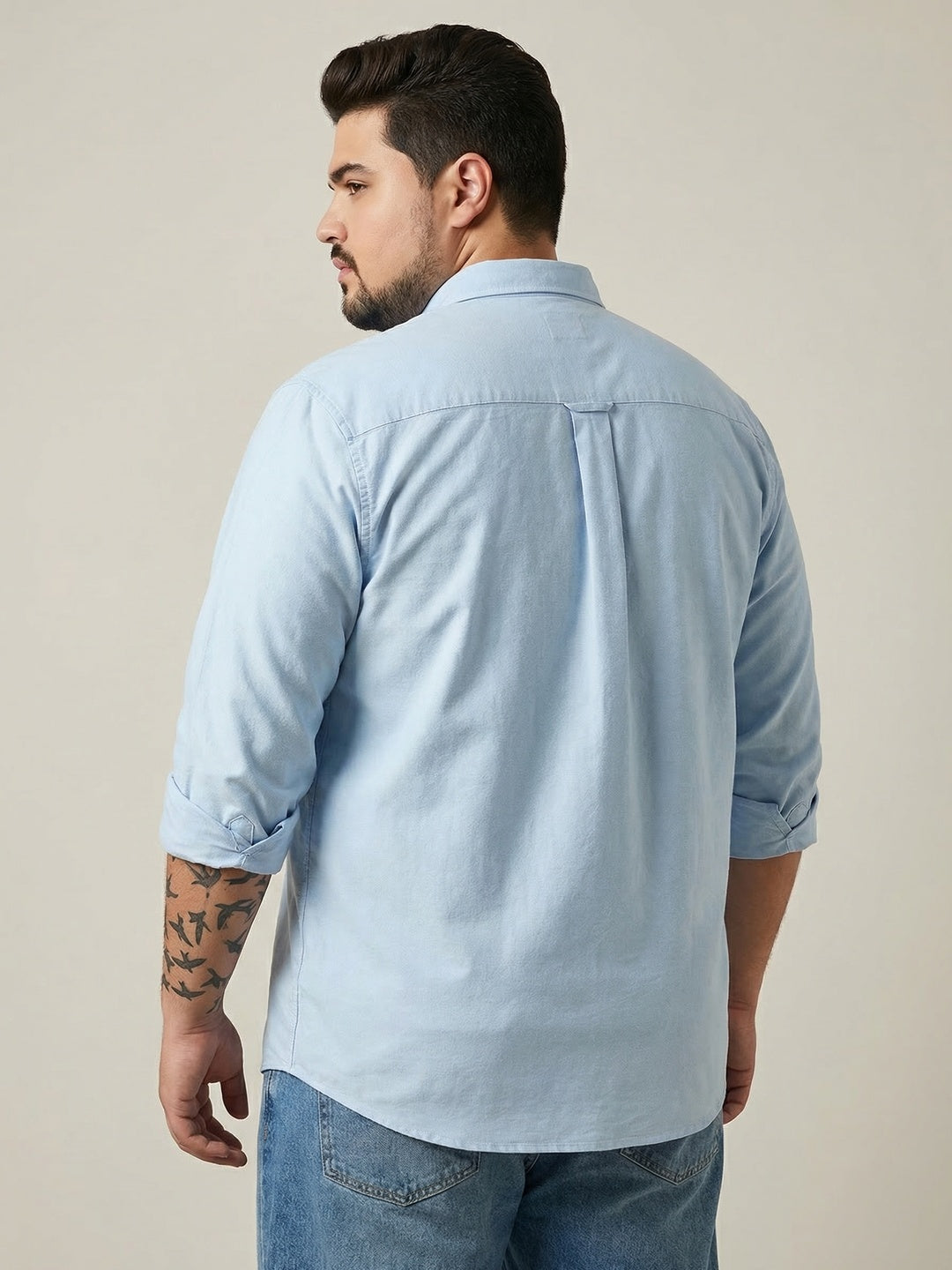 Plus Men's Light Blue Cotton Full Sleeve Regular Fit Solid Oxford Shirt With Button-Down Collar