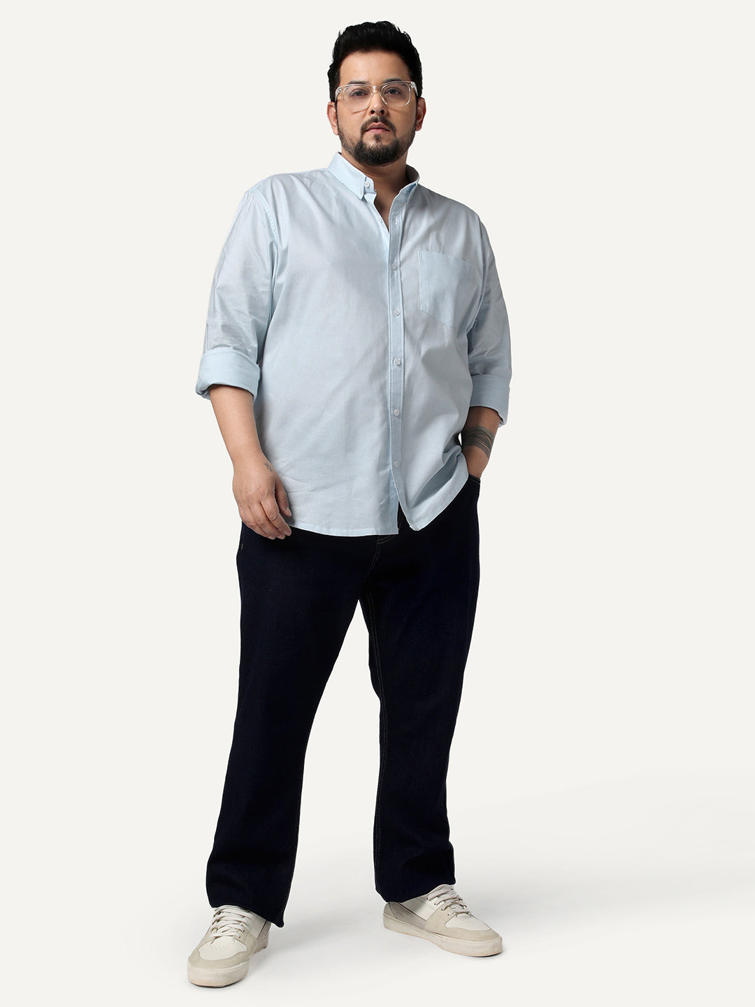 Plus Men's Light Blue Cotton Full Sleeve Regular Fit Solid Oxford Shirt With Button-Down Collar