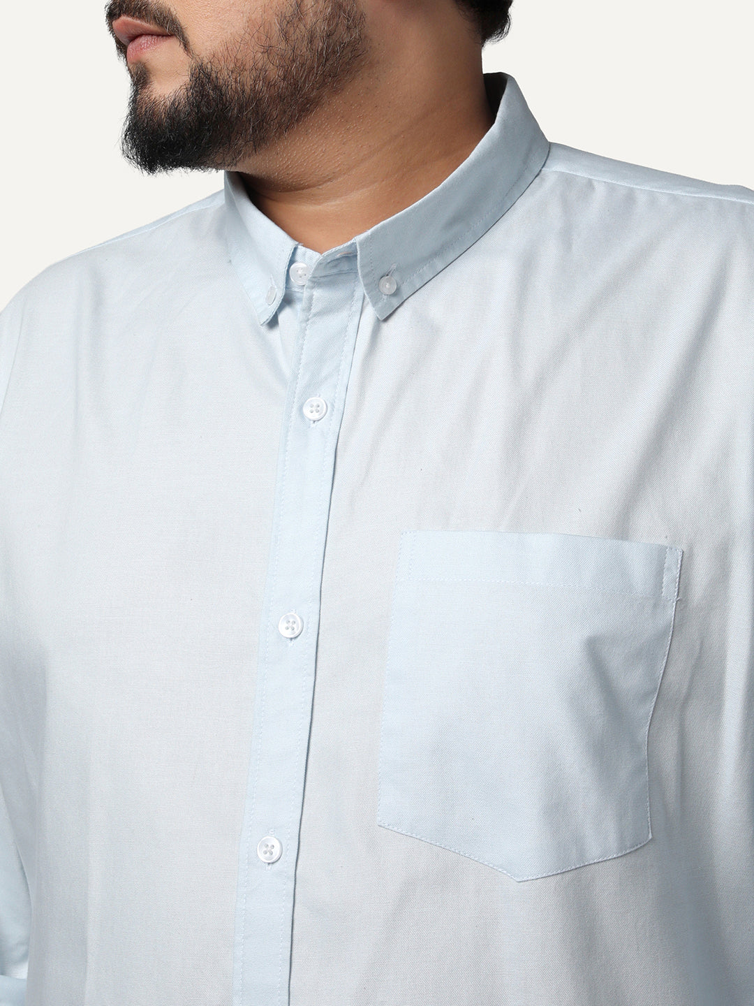 Plus Men's Light Blue Cotton Full Sleeve Regular Fit Solid Oxford Shirt With Button-Down Collar