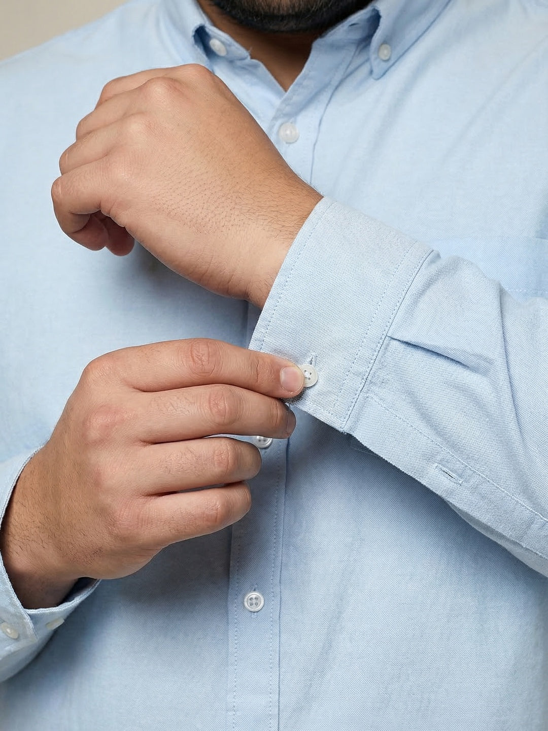 Plus Men's Light Blue Cotton Full Sleeve Regular Fit Solid Oxford Shirt With Button-Down Collar