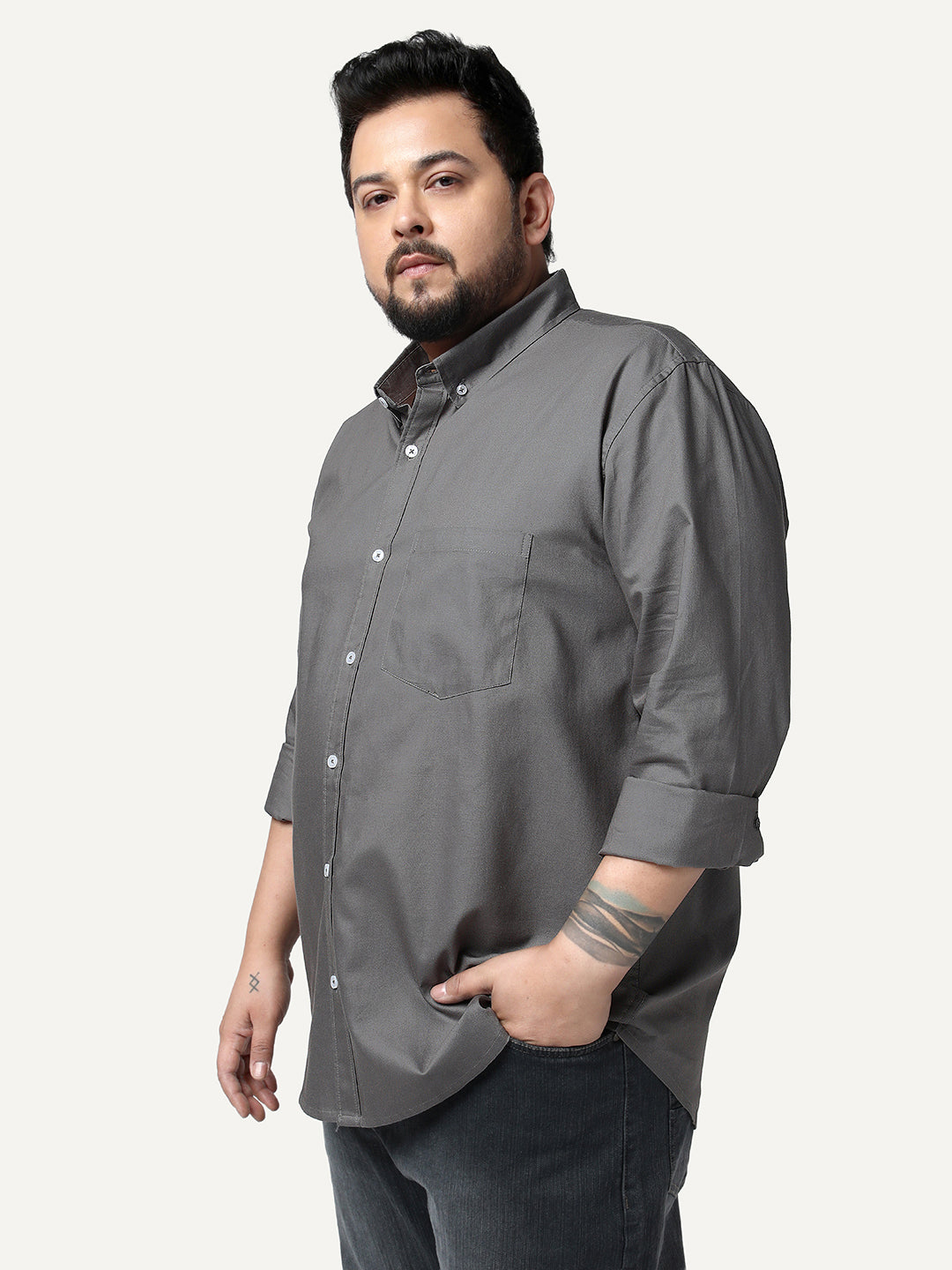 Plus Men's Grey Cotton Full Sleeve Regular Fit Solid Oxford Shirt With Button-Down Collar