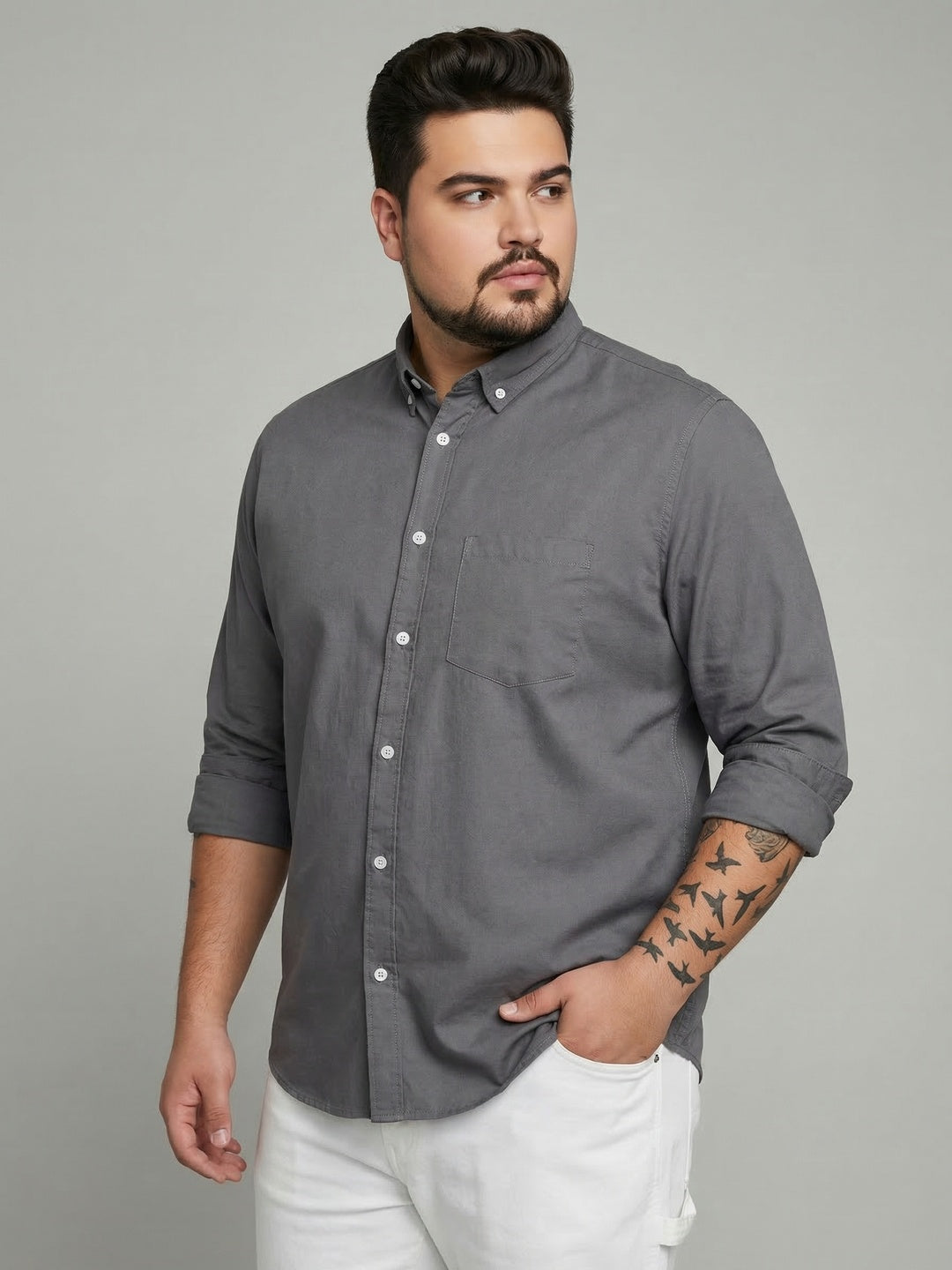 Plus Men's Grey Cotton Full Sleeve Regular Fit Solid Oxford Shirt With Button-Down Collar