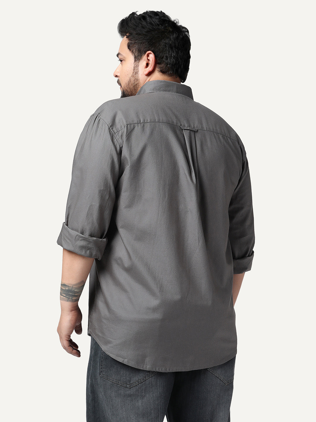 Plus Men's Grey Cotton Full Sleeve Regular Fit Solid Oxford Shirt With Button-Down Collar