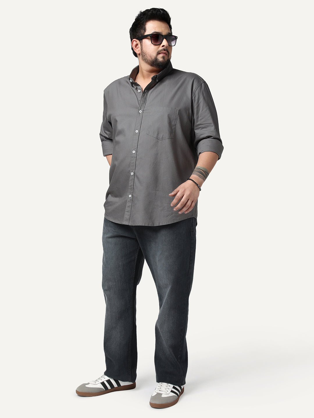 Plus Men's Grey Cotton Full Sleeve Regular Fit Solid Oxford Shirt With Button-Down Collar