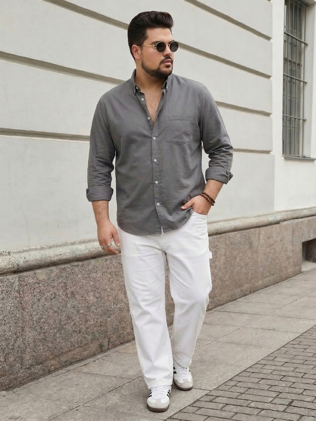 Plus Men's Grey Cotton Full Sleeve Regular Fit Solid Oxford Shirt With Button-Down Collar