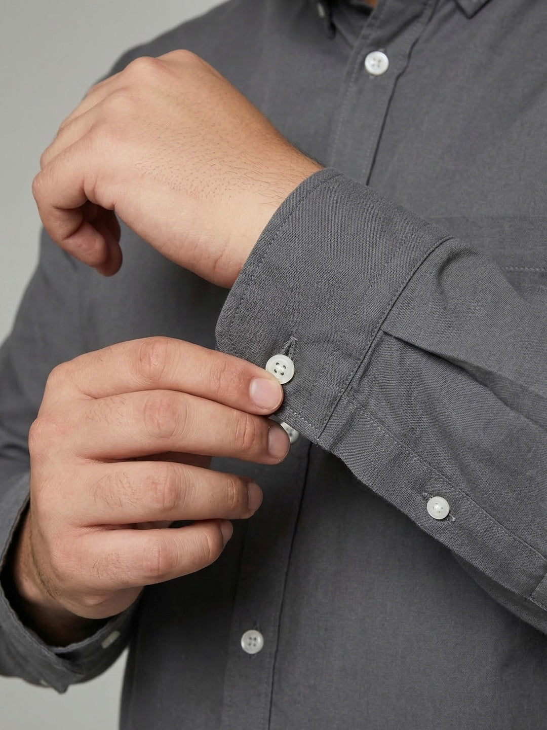 Plus Men's Grey Cotton Full Sleeve Regular Fit Solid Oxford Shirt With Button-Down Collar