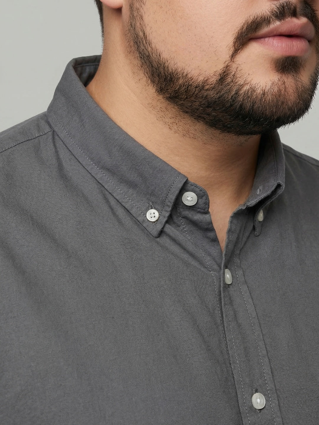 Plus Men's Grey Cotton Full Sleeve Regular Fit Solid Oxford Shirt With Button-Down Collar
