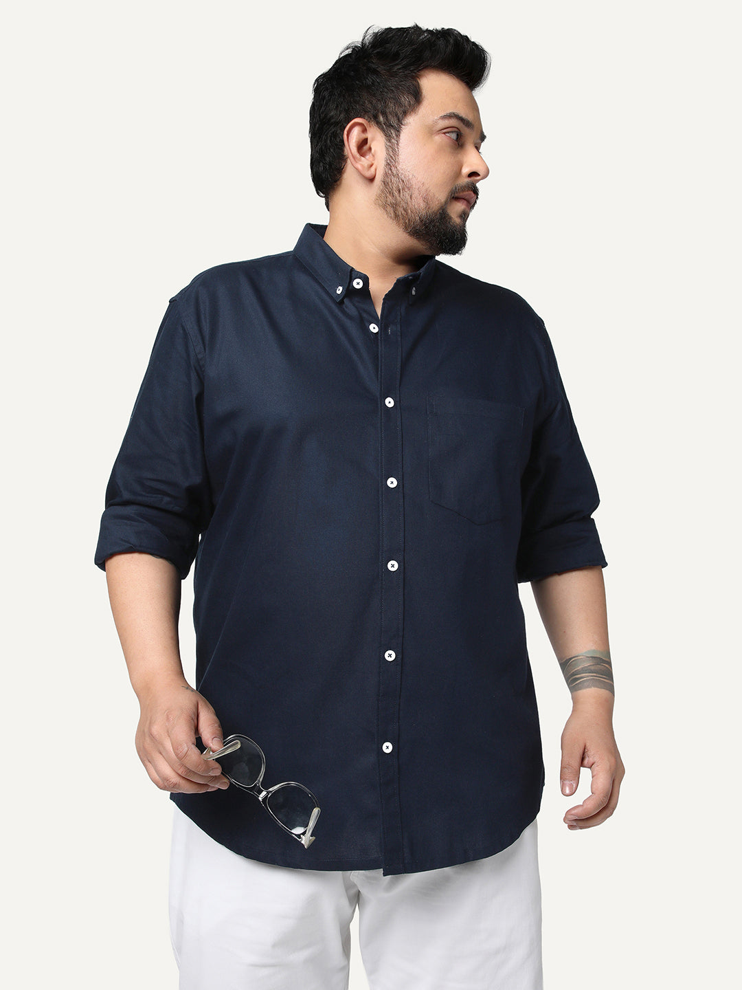 Plus Men's Navy Cotton Full Sleeve Regular Fit Solid Oxford Shirt With Button-Down Collar