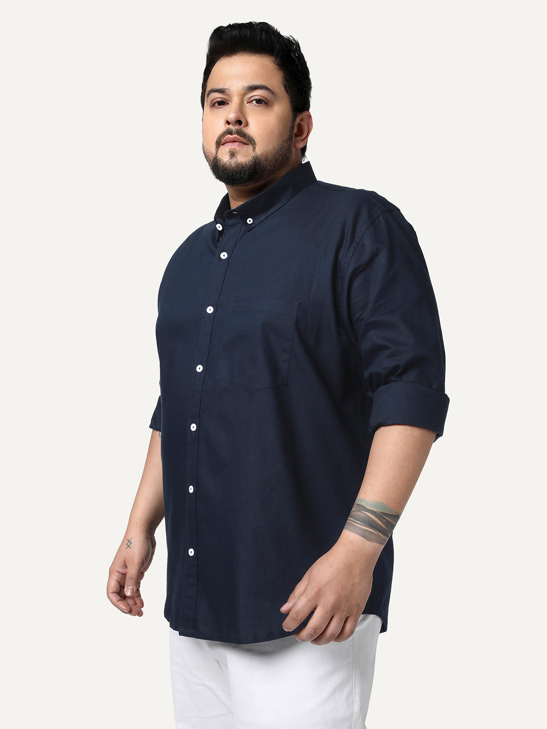 Plus Men's Navy Cotton Full Sleeve Regular Fit Solid Oxford Shirt With Button-Down Collar