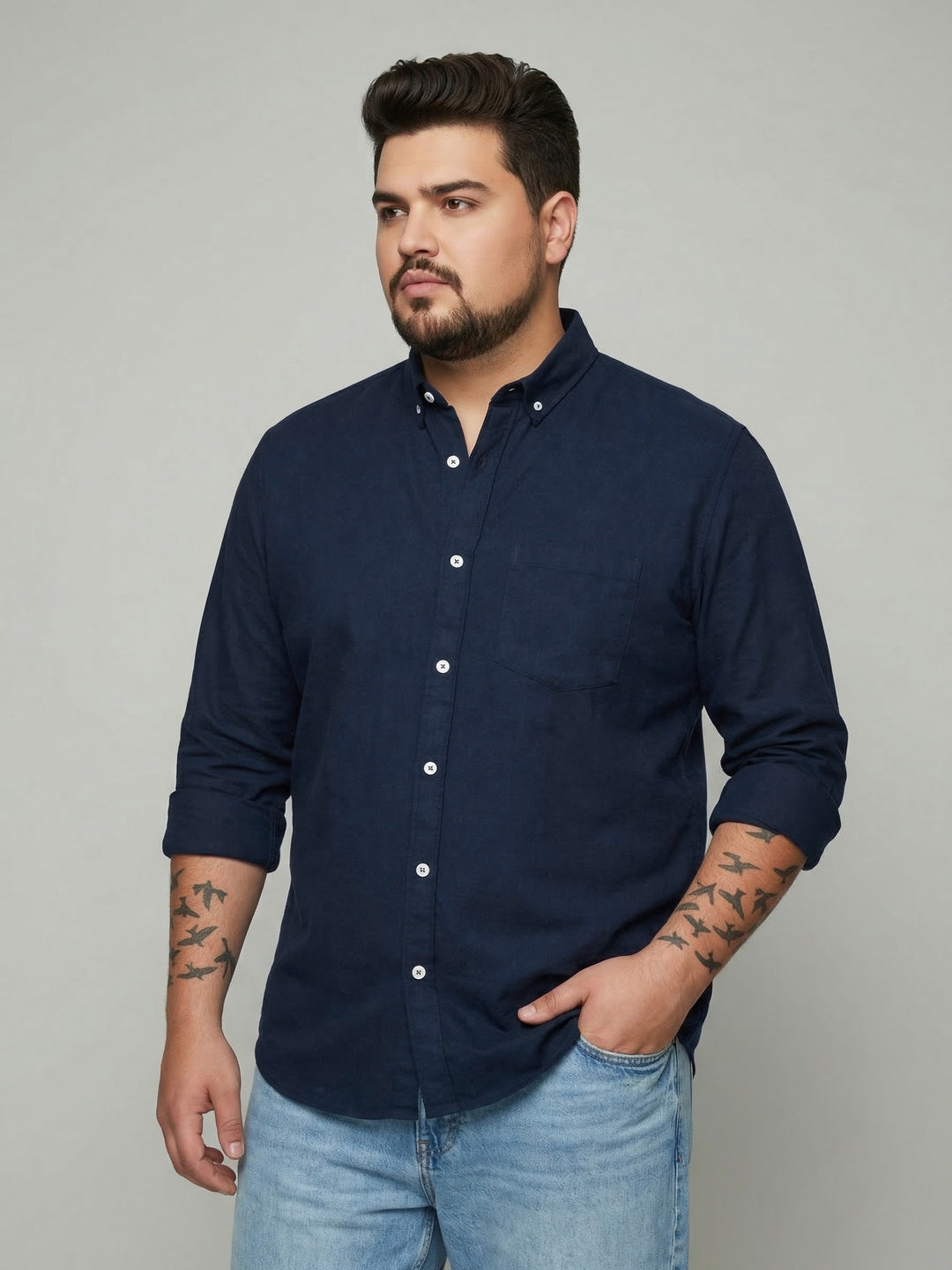 Plus Men's Navy Cotton Full Sleeve Regular Fit Solid Oxford Shirt With Button-Down Collar