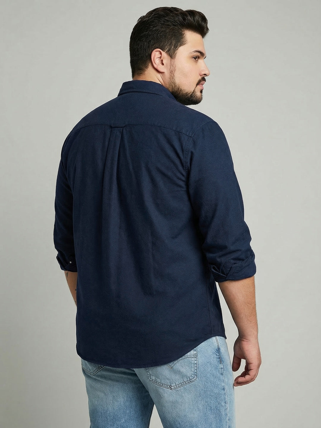Plus Men's Navy Cotton Full Sleeve Regular Fit Solid Oxford Shirt With Button-Down Collar