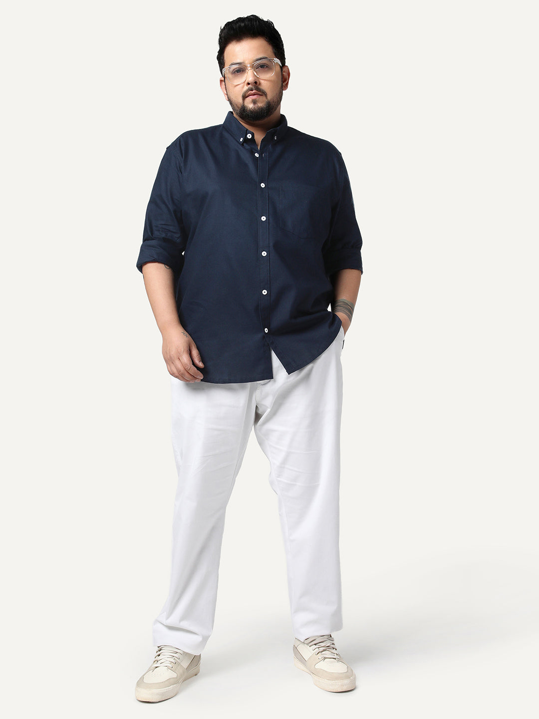 Plus Men's Navy Cotton Full Sleeve Regular Fit Solid Oxford Shirt With Button-Down Collar