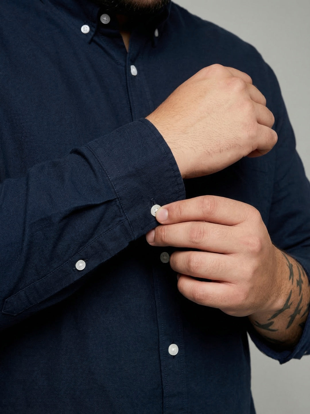 Plus Men's Navy Cotton Full Sleeve Regular Fit Solid Oxford Shirt With Button-Down Collar