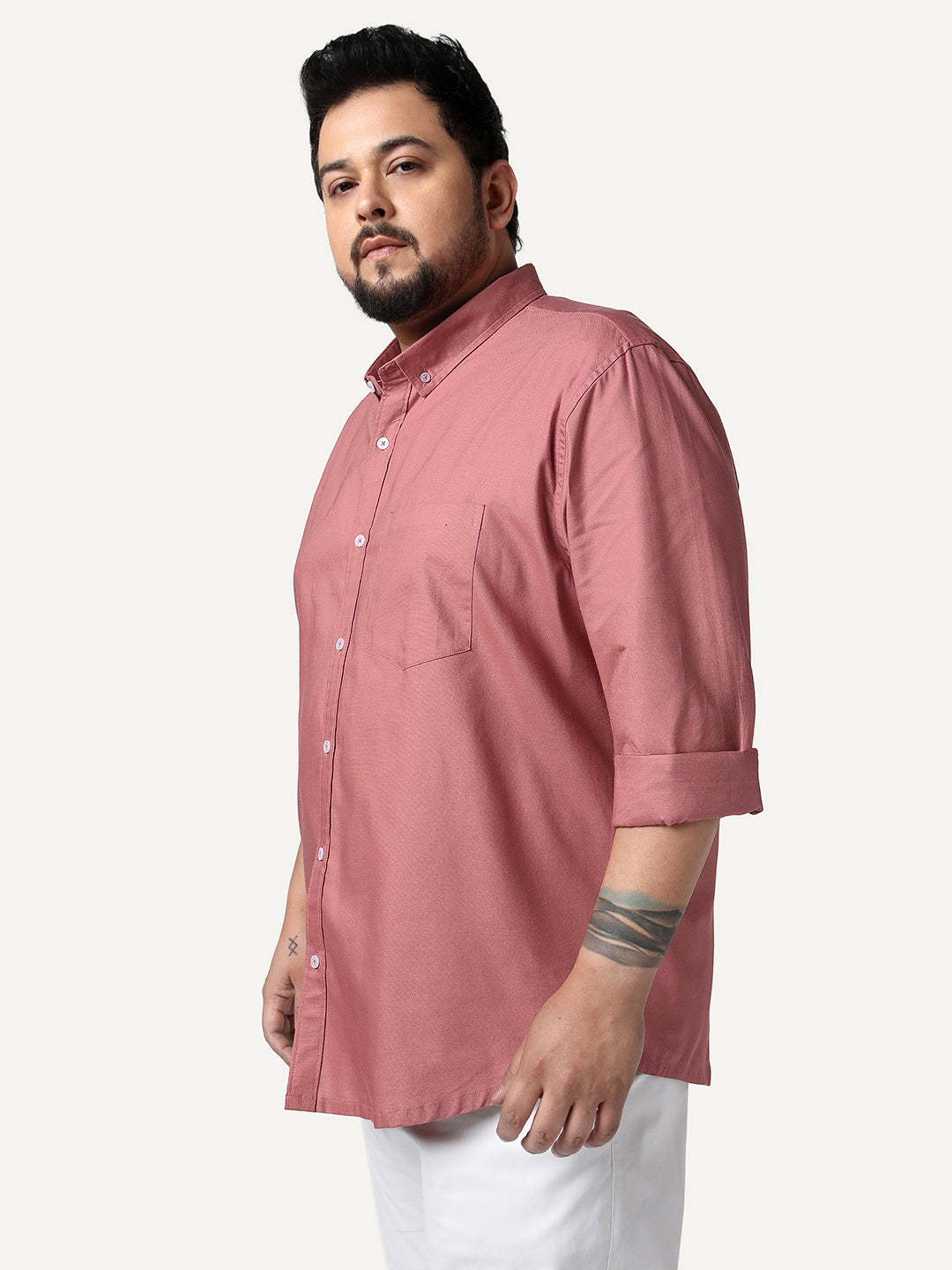 Plus Men's Peach Cotton Full Sleeve Regular Fit Solid Oxford Shirt With Button-Down Collar